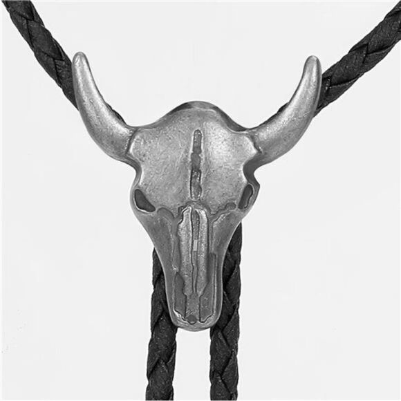 Western Silver Cow Skull Bolo Tie Cowboy Necktie NEW - Picture 2 of 4